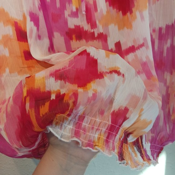 Liz Claiborne soft Bright neon pink Watercolor Peasant top blouse size Large LG - Picture 4 of 5